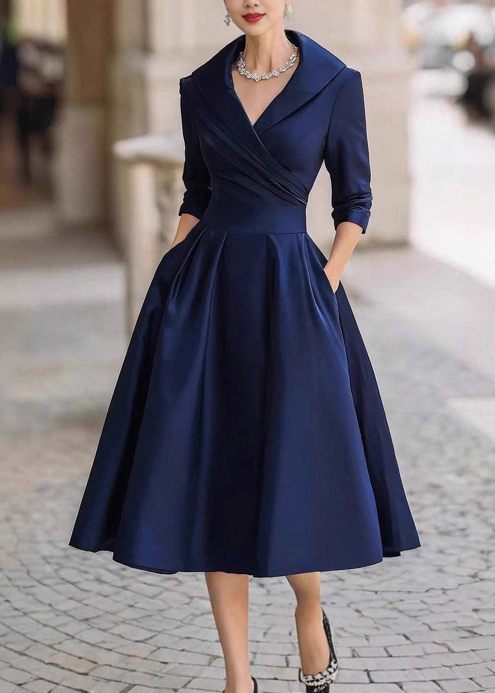 Elegant Black Peter Pan Collar Pockets Satin Dress Spring