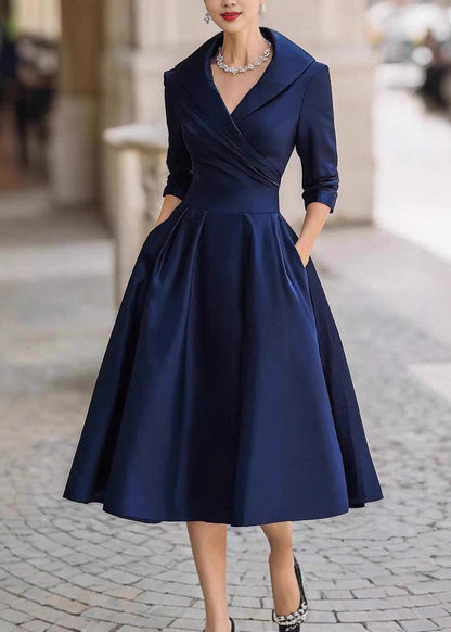 Elegant Black Peter Pan Collar Pockets Satin Dress Spring