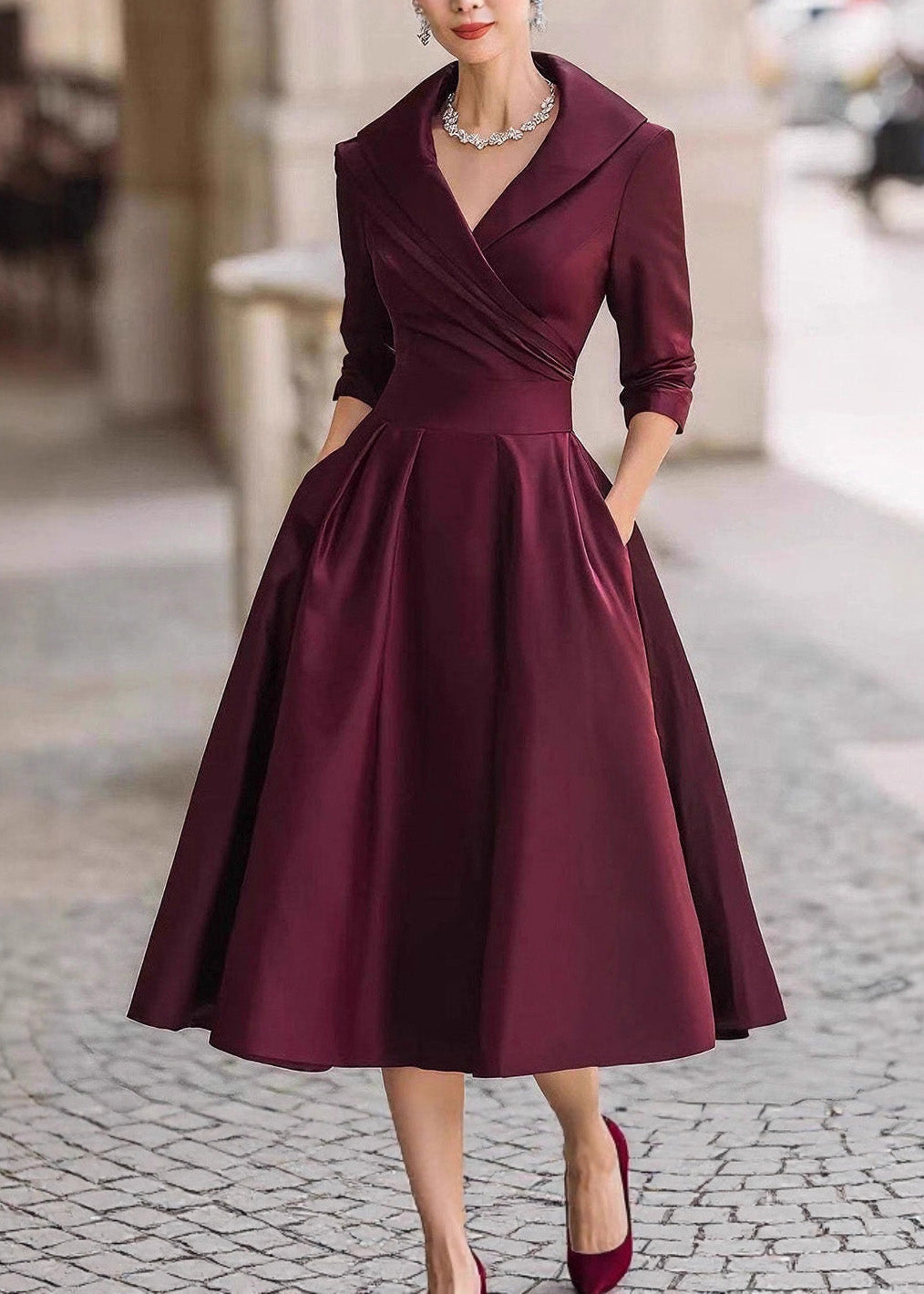 Elegant Black Peter Pan Collar Pockets Satin Dress Spring