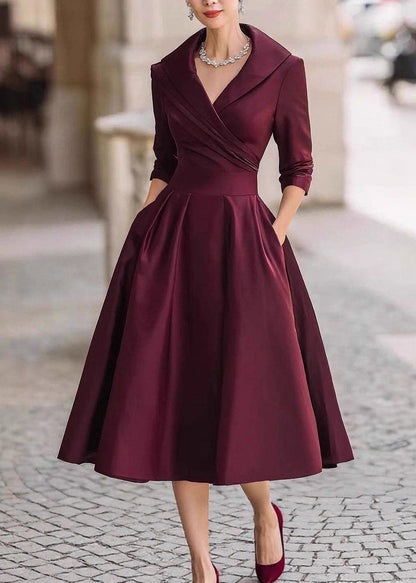 Elegant Black Peter Pan Collar Pockets Satin Dress Spring