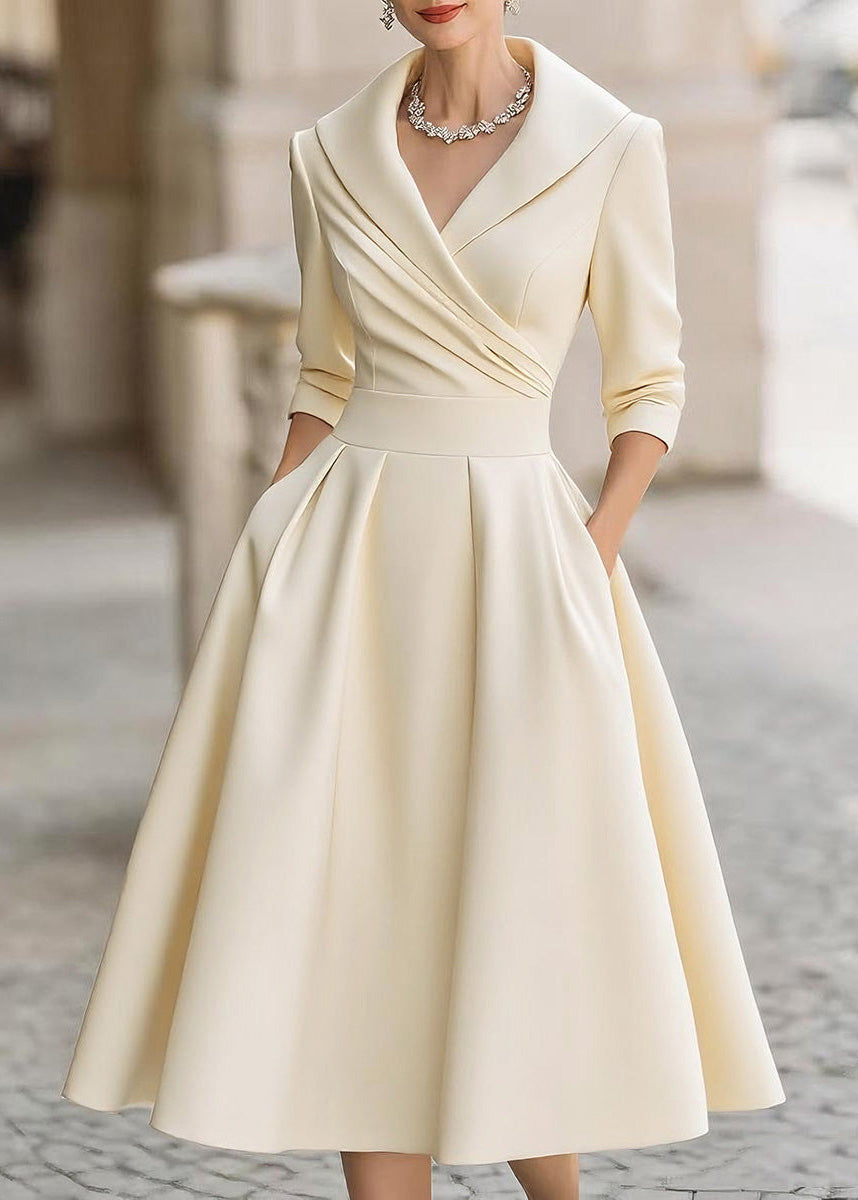 Elegant Black Peter Pan Collar Pockets Satin Dress Spring