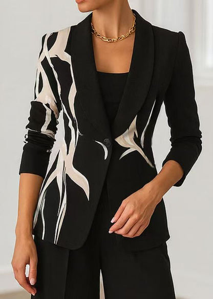 Elegant Black Peter Pan Collar Print Cotton Suit Coat Fall