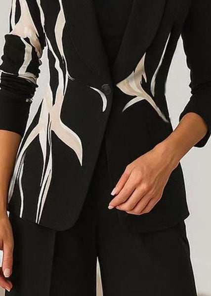 Elegant Black Peter Pan Collar Print Cotton Suit Coat Fall