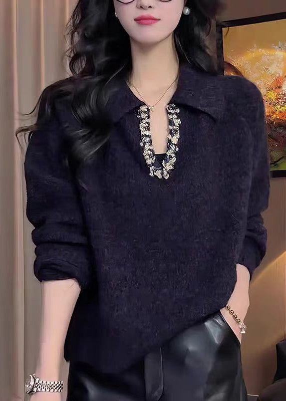 Elegant Black Peter Pan Collar Zircon Knitted Tops Fall