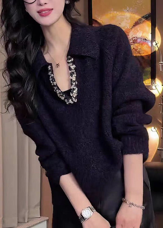 Elegant Black Peter Pan Collar Zircon Knitted Tops Fall