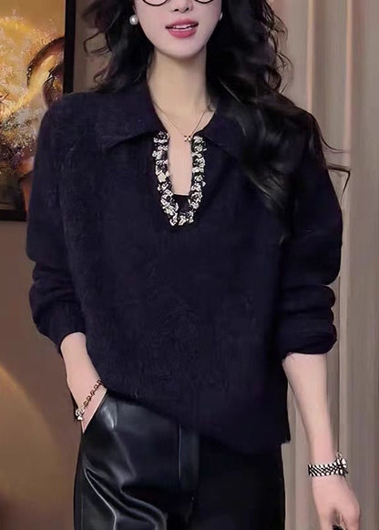 Elegant Black Peter Pan Collar Zircon Knitted Tops Fall