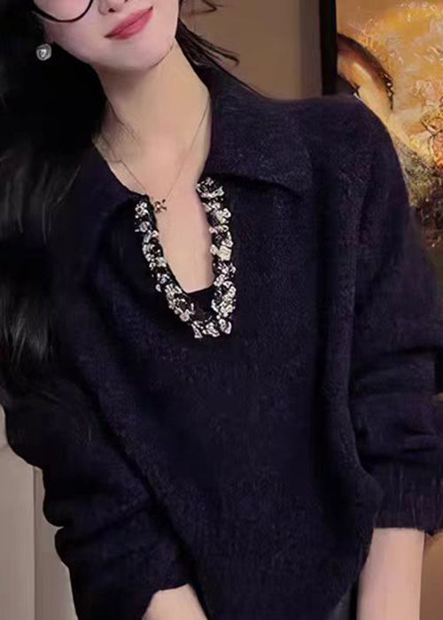 Elegant Black Peter Pan Collar Zircon Knitted Tops Fall