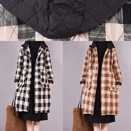 Elegant Black Plaid Parkas For Women Trendy Plus Size Coats Hooded Pockets Outwear - SooLinen