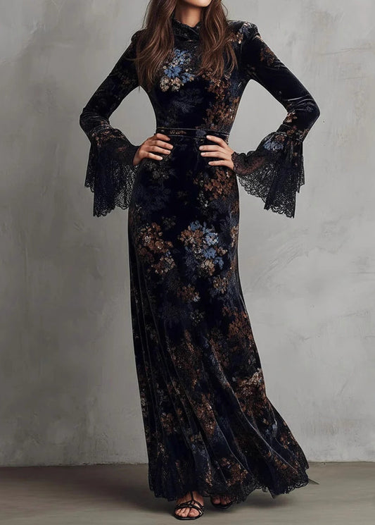 Elegant Black Print Lace Patchwork Velvet Maxi Dresses Fall
