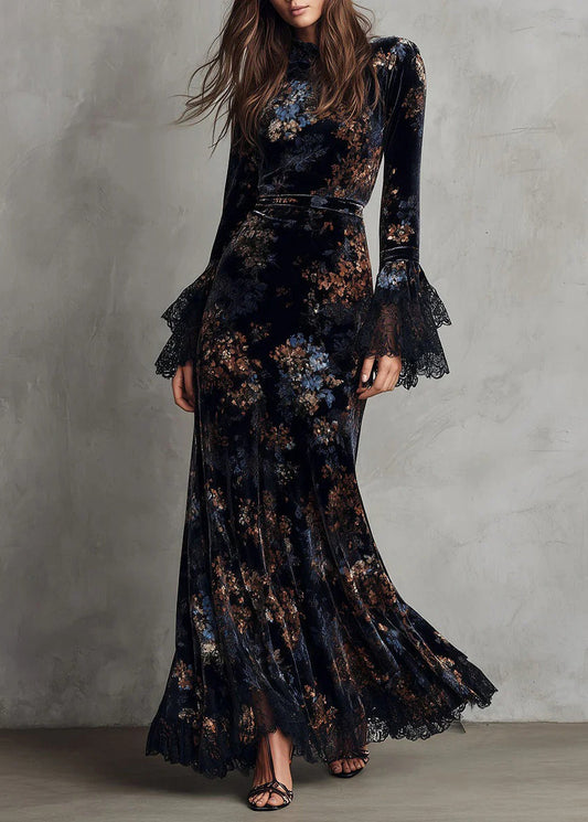 Elegant Black Print Lace Patchwork Velvet Maxi Dresses Fall