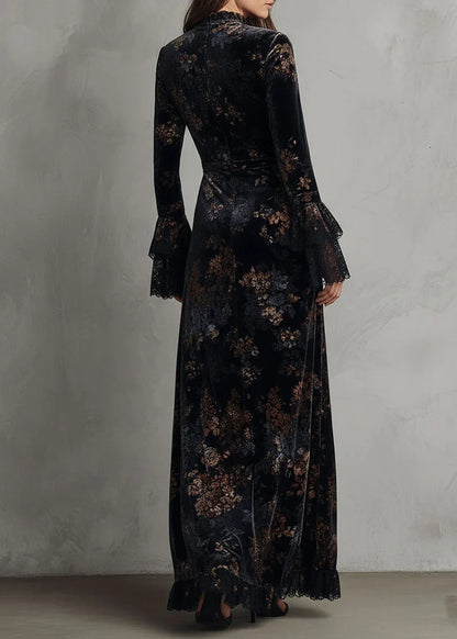 Elegant Black Print Lace Patchwork Velvet Maxi Dresses Fall