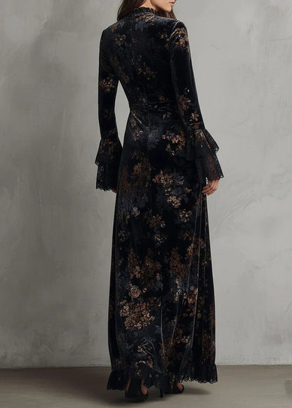 Elegant Black Print Lace Patchwork Velvet Maxi Dresses Fall