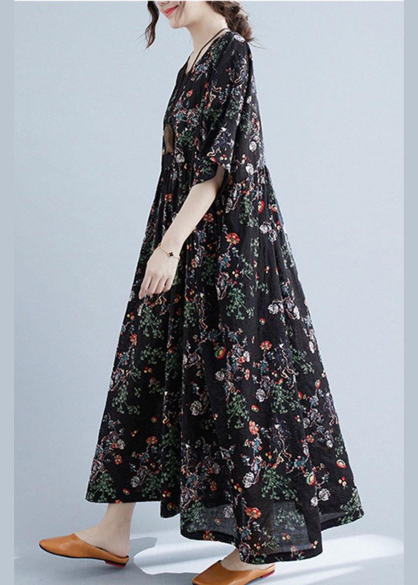 Elegant Black Print O-Neck Patchwork Summer Robe Dresses Half Sleeve - SooLinen