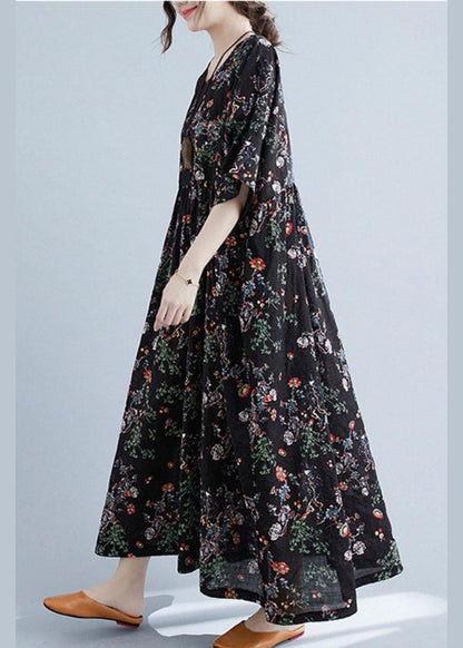 Elegant Black Print O-Neck Patchwork Summer Robe Dresses Half Sleeve - SooLinen