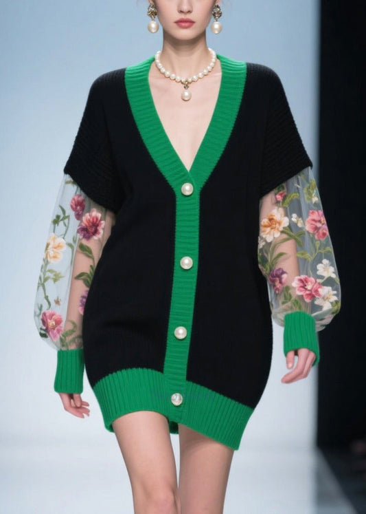 Elegant Black Print Patchwork Tulle Knitwear Dress Fall