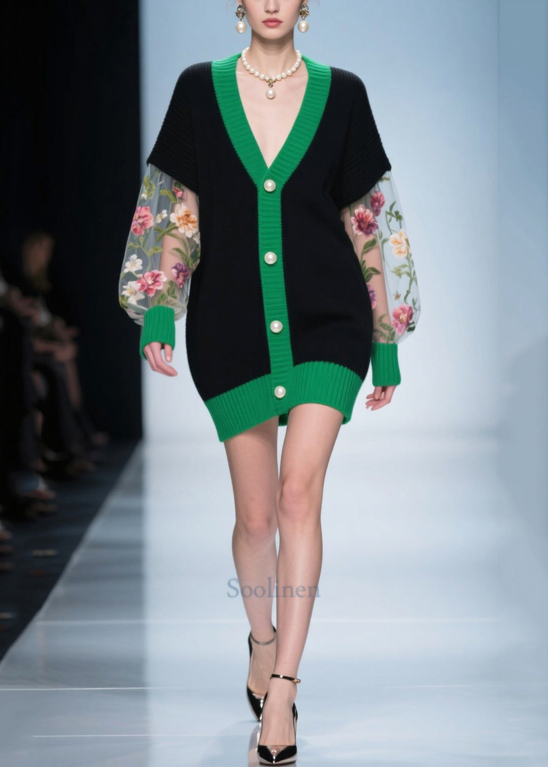 Elegant Black Print Patchwork Tulle Knitwear Dress Fall