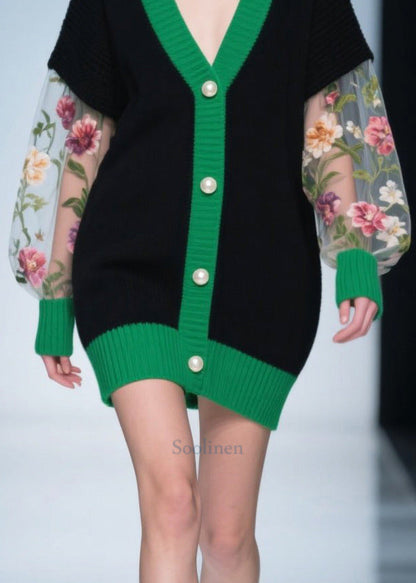 Elegant Black Print Patchwork Tulle Knitwear Dress Fall