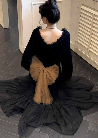 Elegant Black Ruffled Patchwork Bow Knit Sweater Tops Winter