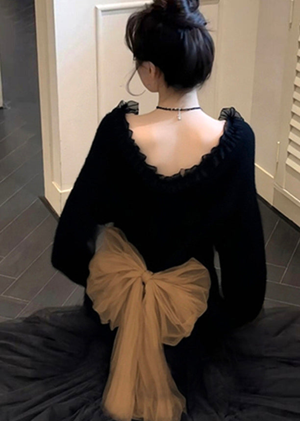 Elegant Black Ruffled Patchwork Bow Knit Sweater Tops Winter
