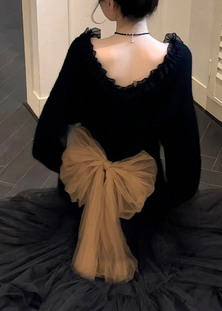 Elegant Black Ruffled Patchwork Bow Knit Sweater Tops Winter