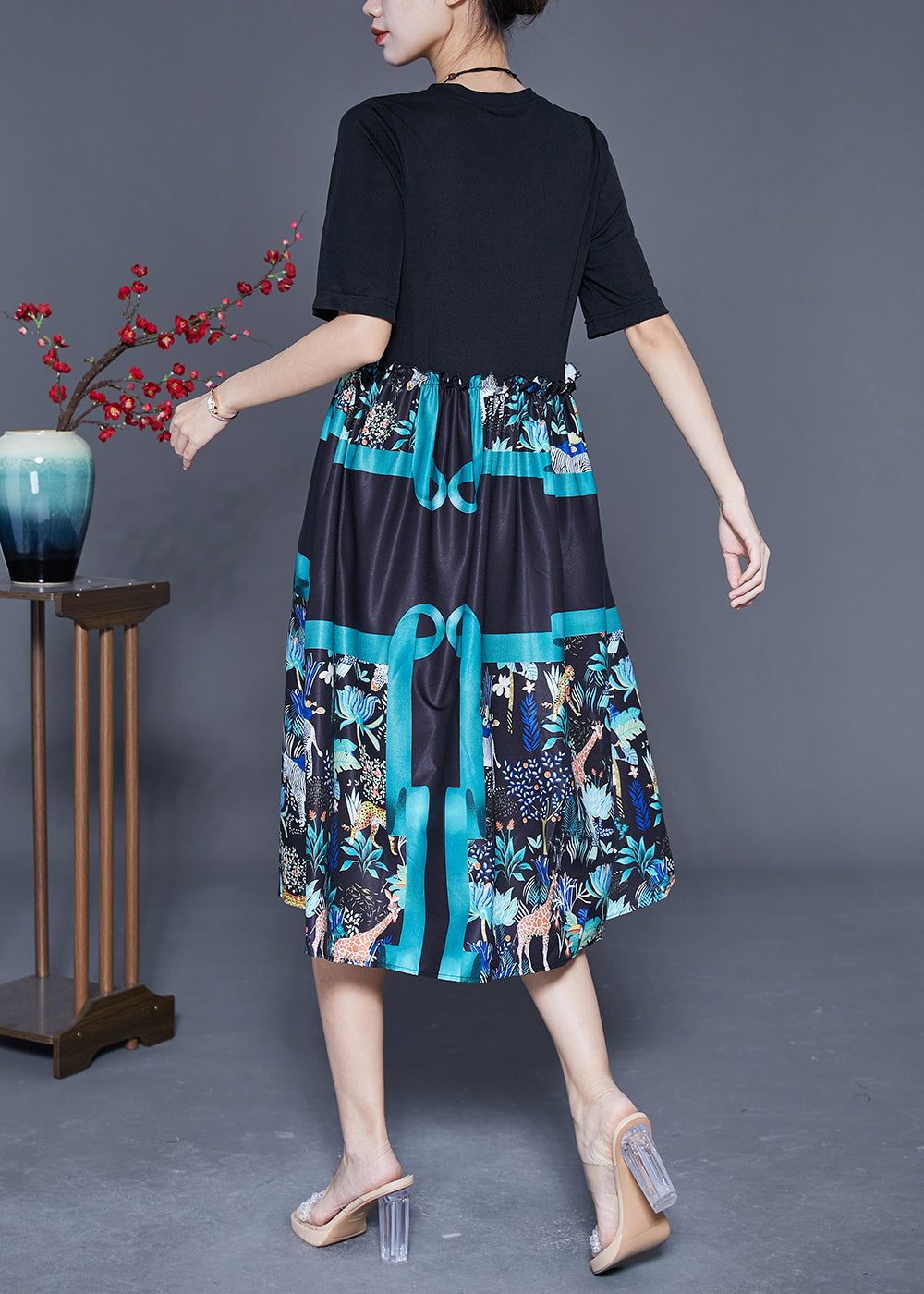 Elegant Black Ruffled Patchwork Print Cotton Dress Summer