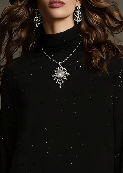 Elegant Black Sequins Lace Patchwork Knit Blouses Spring