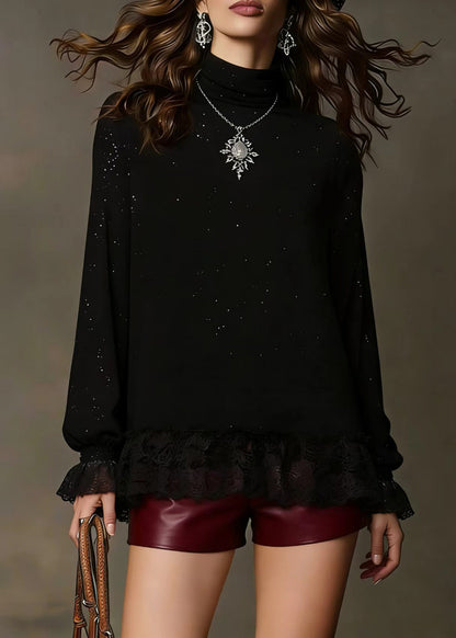 Elegant Black Sequins Lace Patchwork Knit Blouses Spring