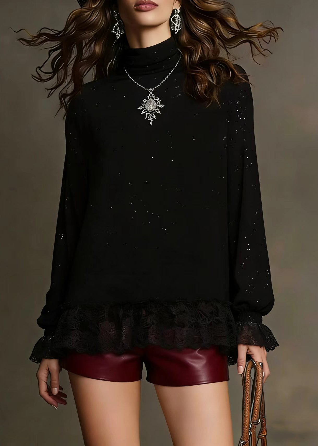 Elegant Black Sequins Lace Patchwork Knit Blouses Spring