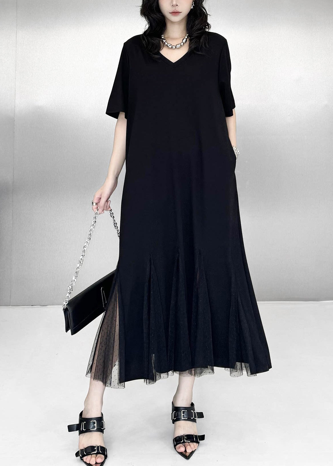 Elegant Black Side Open Patchwork Tulle Ankle Dress Summer