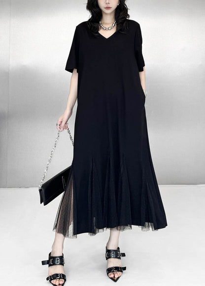 Elegant Black Side Open Patchwork Tulle Ankle Dress Summer
