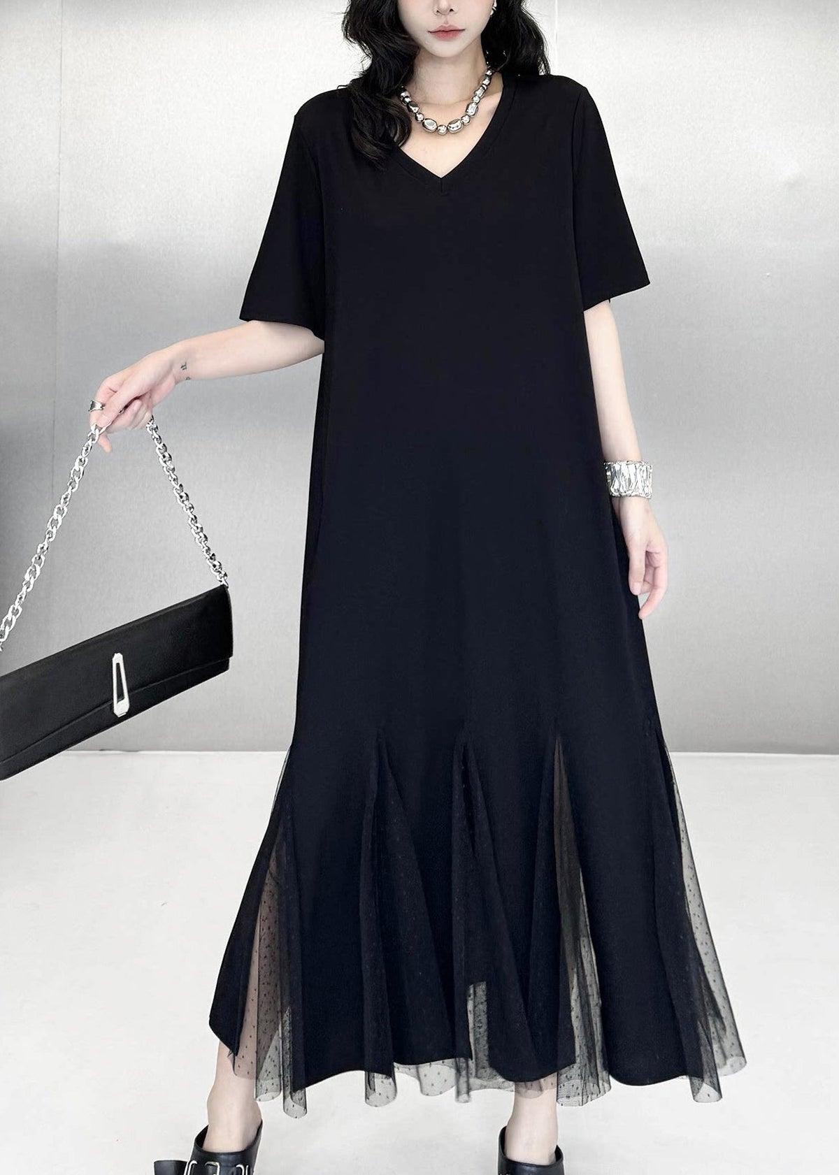 Elegant Black Side Open Patchwork Tulle Ankle Dress Summer