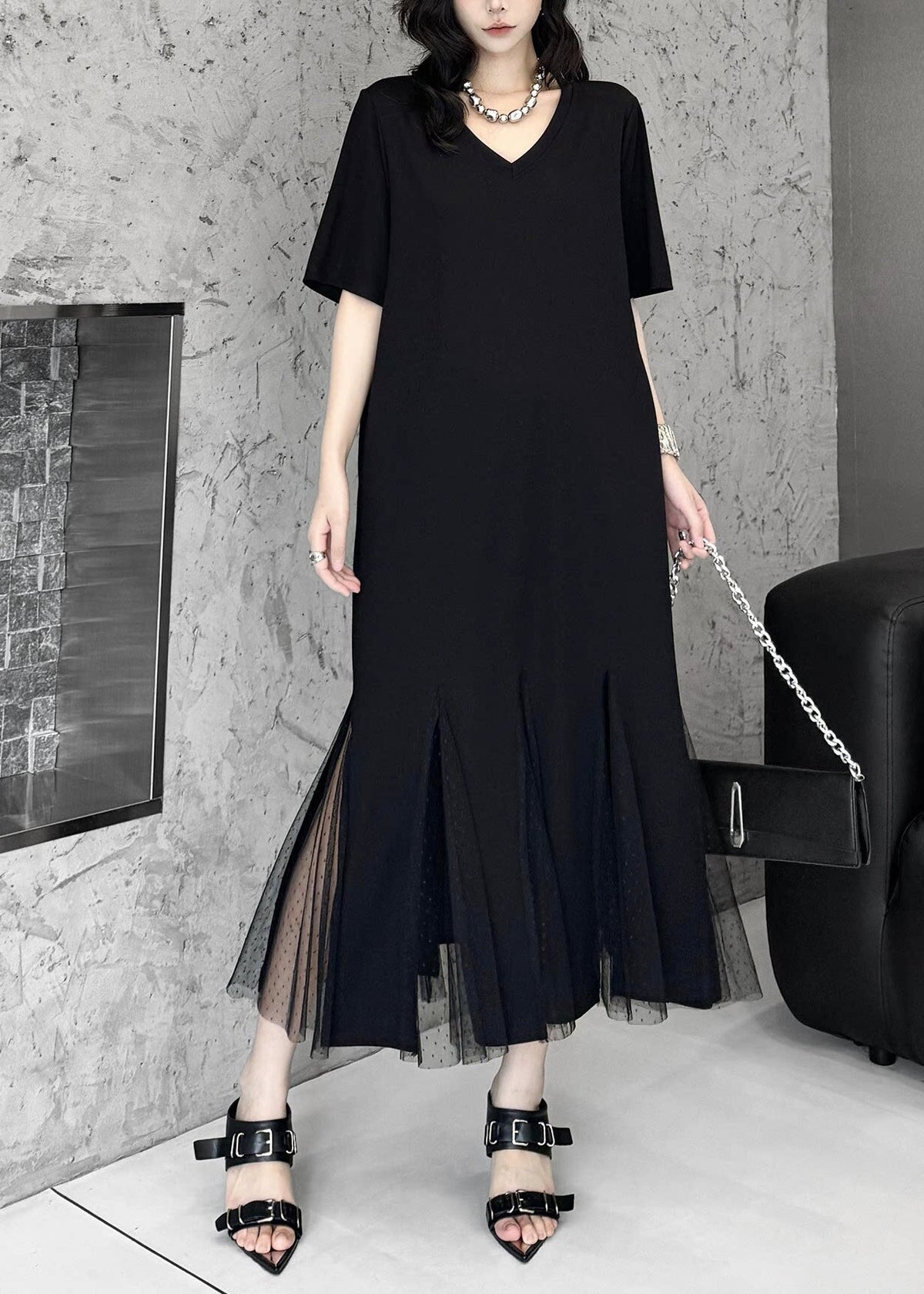 Elegant Black Side Open Patchwork Tulle Ankle Dress Summer