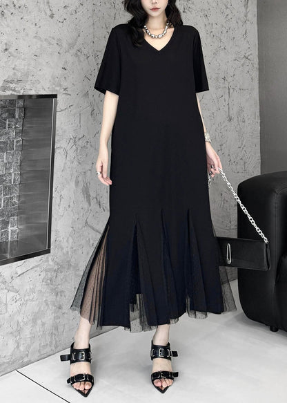 Elegant Black Side Open Patchwork Tulle Ankle Dress Summer