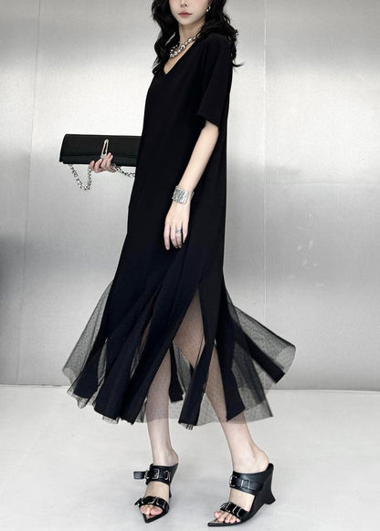 Elegant Black Side Open Patchwork Tulle Ankle Dress Summer