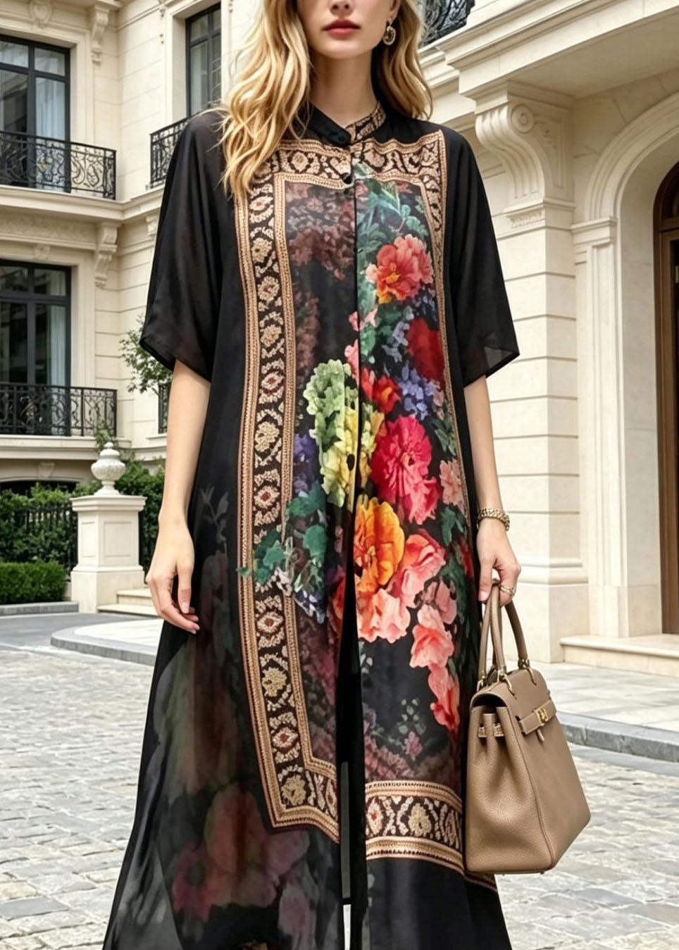 Elegant Black Stand Collar Print Silk Two Pieces Set Summer