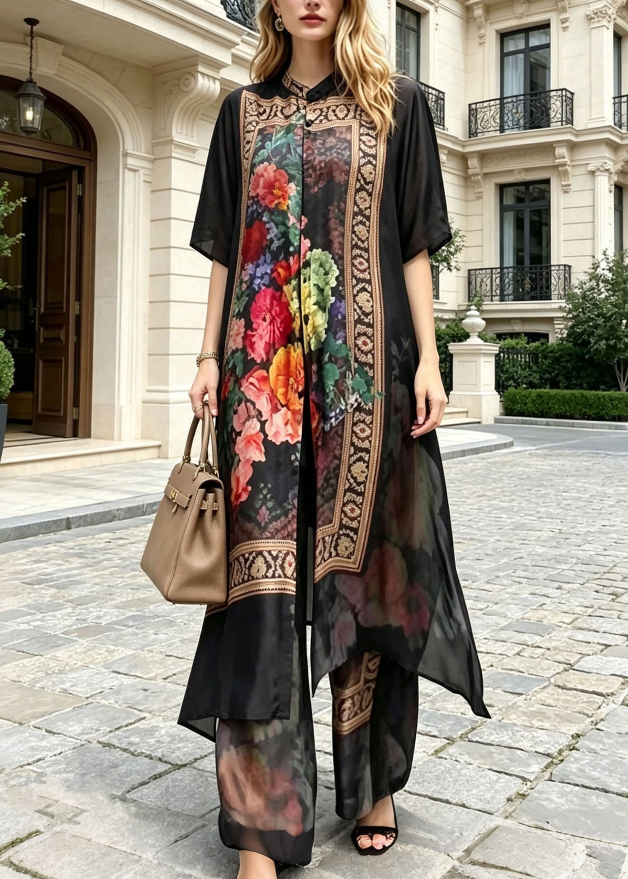 Elegant Black Stand Collar Print Silk Two Pieces Set Summer