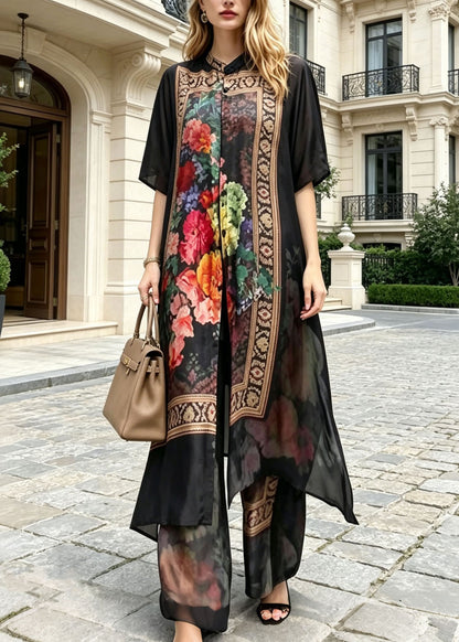 Elegant Black Stand Collar Print Silk Two Pieces Set Summer