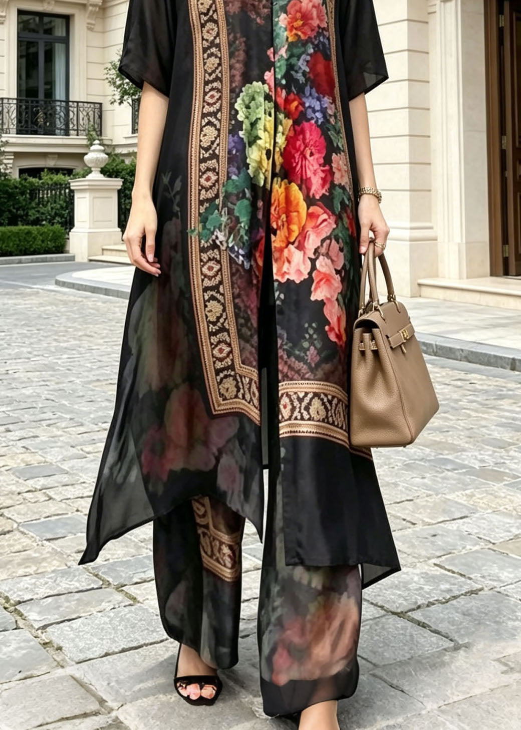 Elegant Black Stand Collar Print Silk Two Pieces Set Summer