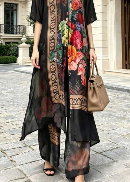 Elegant Black Stand Collar Print Silk Two Pieces Set Summer