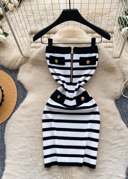 Elegant Black Strapless Striped Knit Zippered Dresses Summer