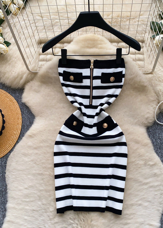 Elegant Black Strapless Striped Knit Zippered Dresses Summer