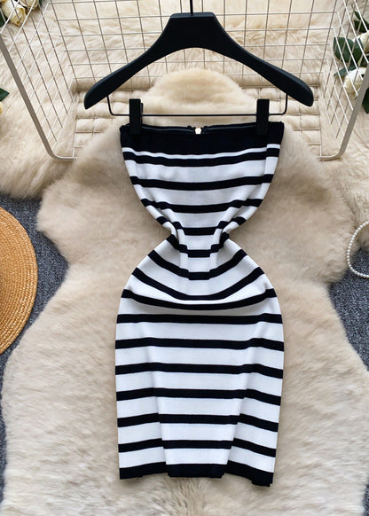 Elegant Black Strapless Striped Knit Zippered Dresses Summer