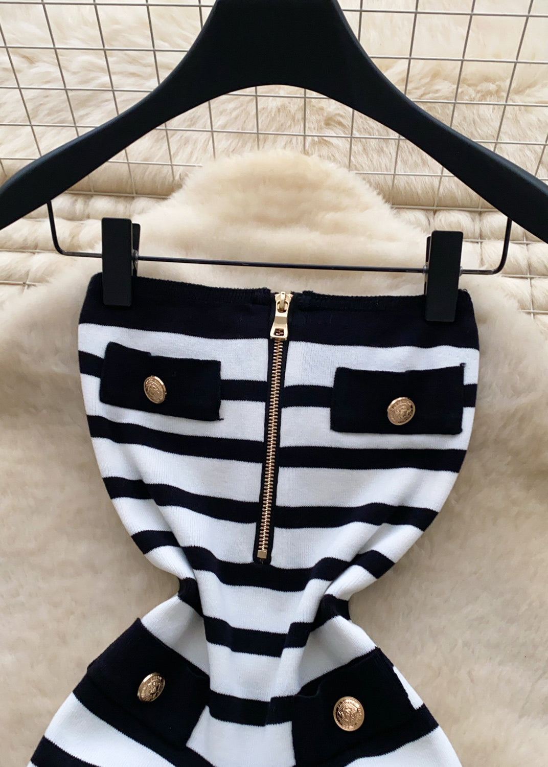 Elegant Black Strapless Striped Knit Zippered Dresses Summer