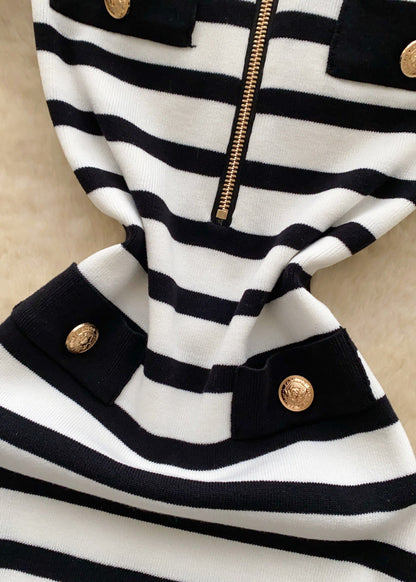 Elegant Black Strapless Striped Knit Zippered Dresses Summer
