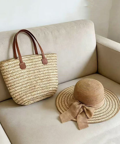 Elegant Black Striped Straw Woven Floppy Sun Hat And Shoulder Handbag Two Pieces Set