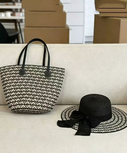 Elegant Black Striped Straw Woven Floppy Sun Hat And Shoulder Handbag Two Pieces Set