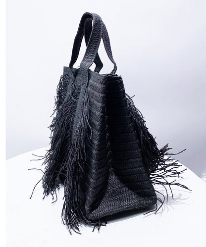 Elegant Black Tasseled Weave Faux Leather Shoulder Bags