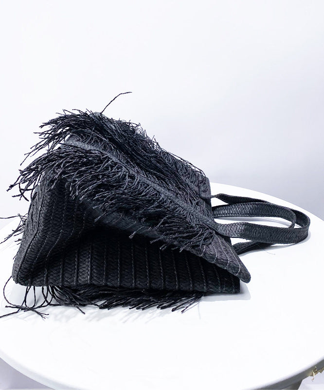 Elegant Black Tasseled Weave Faux Leather Shoulder Bags