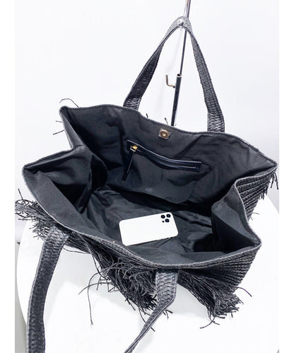 Elegant Black Tasseled Weave Faux Leather Shoulder Bags