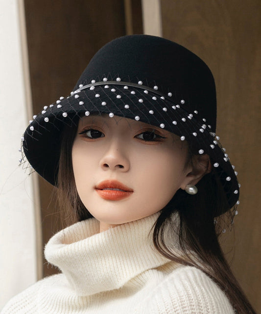 Elegant Black Tulle Nail Bead Woolen Bucket Hat